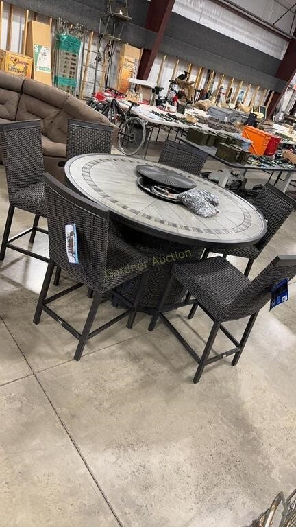 AGIO 7 PIECE WOVEN HIGH DINING FIRE SET