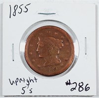 1855  Upright 5's  Large Cent   G