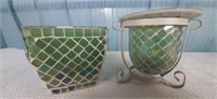 2 Green Glass Tiled Candle Votives