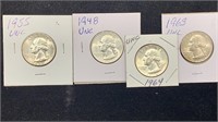 (4) UNC Silver Washington Quarters: 48, 55, 63,