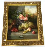 Signed still life oil painting on canvas in ornate