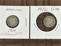 1904 & 1916 Silver Barber Dime Pair