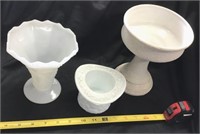 Pottery Pedestal Vase, Milkglass Vases