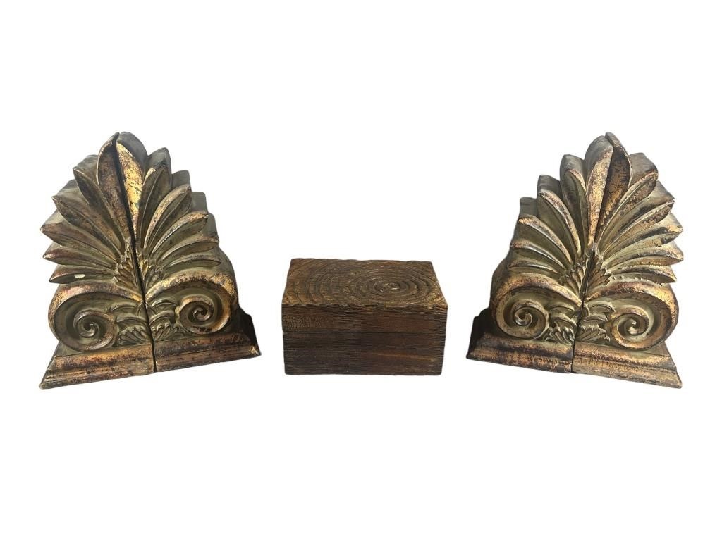 (2) Pair Of Bookends & Wood Box