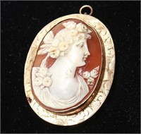14K Gold Cameo Shell Lady's Profile Pendant Brooch