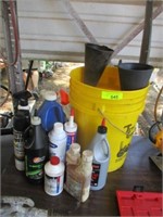 Bucket, funnels, oil, cleaner, insecticides, misc