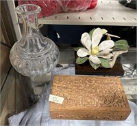 Heavy Glass Vase, Porcelain Flower, and Trinket Bo
