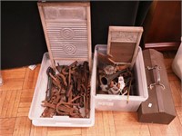 Metal toolbox; container of vintage tools,