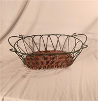 Vintage Green Metal Basket with Wicker Bottom