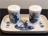 Blue Glazed Delft Salt & Pepper & Tray Holland