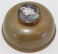Antique Brass Inkwell with Enameled Lotus Flower