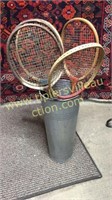 Galvanized bucket with vintage tennis rackets