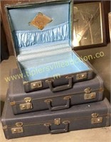 3pc set of vintage gray and blue luggage