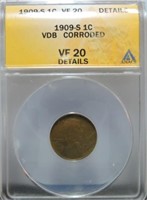 1909-SVDB Lincoln cent ANACS VF20 details,