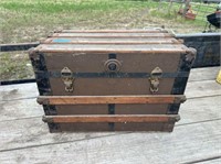 ANTIQUE WOOD BOUND TRUNK WITH TRAY