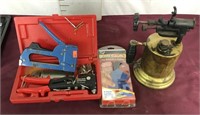 Vintage Blow Torch, NIB Caulk Tool, Stapler,