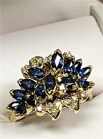 18KT Y/GOLD 1+CT DIA/BLUE SAPPHIRE RING