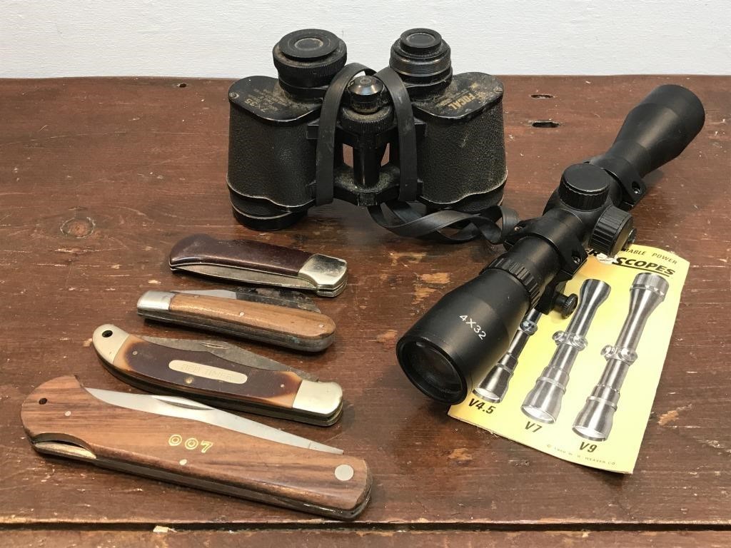 Binoculars, scope, knives - Sabre 648, Old Timer,