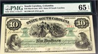 1872 $10 South Carolina Bond Scrip Pmg 65