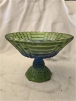 Blue and green glass footed dish