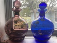 Cobalt & amethyst glass painted decanters