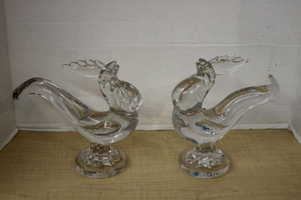 PAIR OF HEAVY GLASS ROOSTER FIGURINES