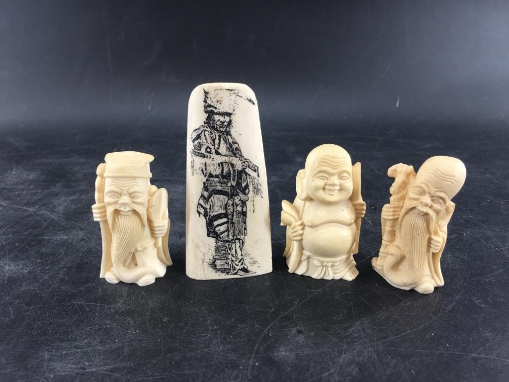 Lot of 4:  3 imitation bone Asian carvings, and a