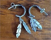 VTG Sterling .925 Feathers on Hoop Earrings