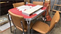 ENAMEL & METAL DINING TABLE & 4 UPHOLSTERED CHAIRS