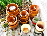 Loads of terra cotta pots, unique and glass ones