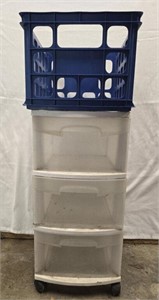 Blue crate with 3 tier rolling storage cart