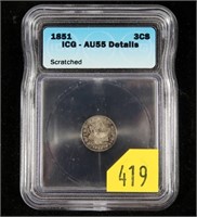 1851 3-cent silver piece, ICG slab certified AU55