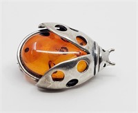 Sterling Silver Amber Ladybug Brooch
