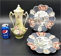 Antique Nippon Japan Lidded Vase & 2 Imari Plates
