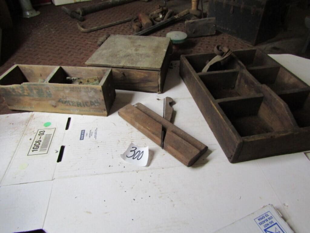 CHEESE BOX, 2 WOOD BOXES W/ DIVIDERS, WOOD PLANE