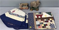 Patchwork Quilt; Tree Skirt, & Wood Push Toys Lot