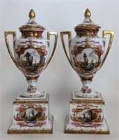 Pair 19c Austrian Porcelain Urns 13"H