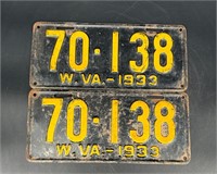 1933 WEST VIRGINIA LICENSE PLATE #70138 PAIR