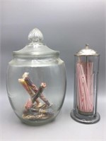 Early glass store jar and straw dispenser
