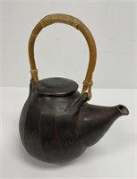 Black Studio Art Pottery Teapot w/Bamboo Handle