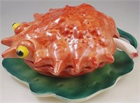 MAJOLICA 1950s CRAB ON LEAF DIP DISH FIGURAL ITALY