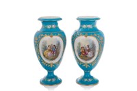 PAIR OF BLUE SEVRES STYLE PORCELAIN URNS