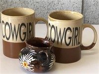 Cow Girl Mugs/ Mexican Pottery Creamer