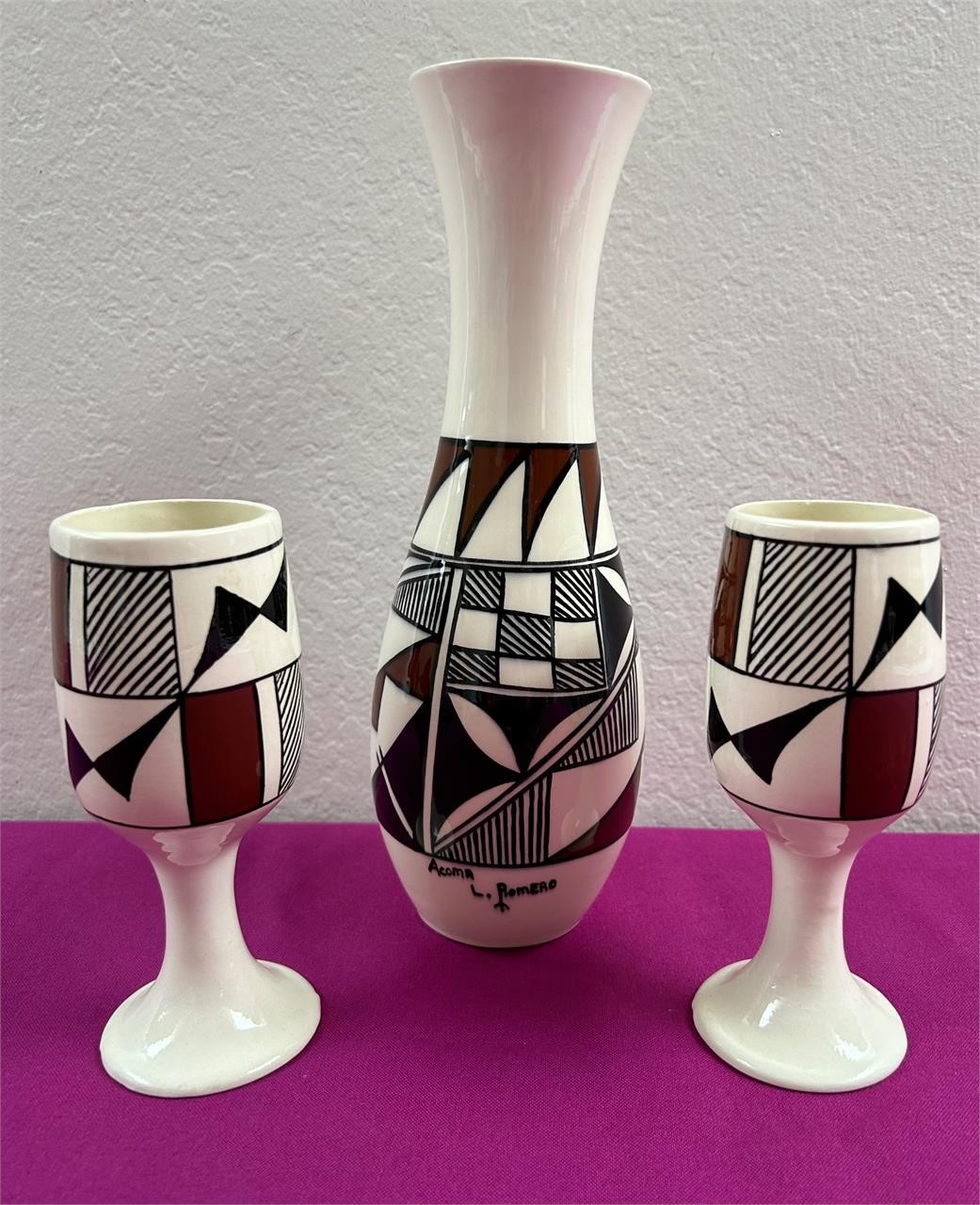 Acoma Romero Signed Carafe + 2 Matching Goblets