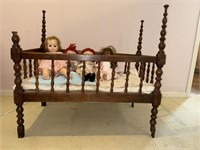 Lot Of Four Vintage Dolls And Wooden Baby Crib