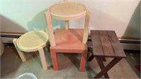 Plastic outdoor tables (3) & wooden table