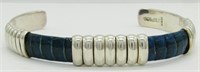 Vintage Sterling Silver Blue Leather Cuff Bracelet