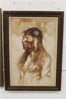 J.T. Braun Watercolor Indian on canvas 35.5"x23.5"