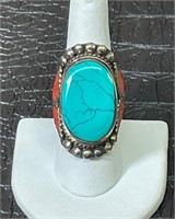 STERLING SILVER, TURQUOISE & CITRINE RING SIZE 9,