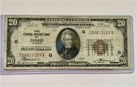 RARE 1929 US NATIONAL CURRENCY $20 CHICAGO BILL
